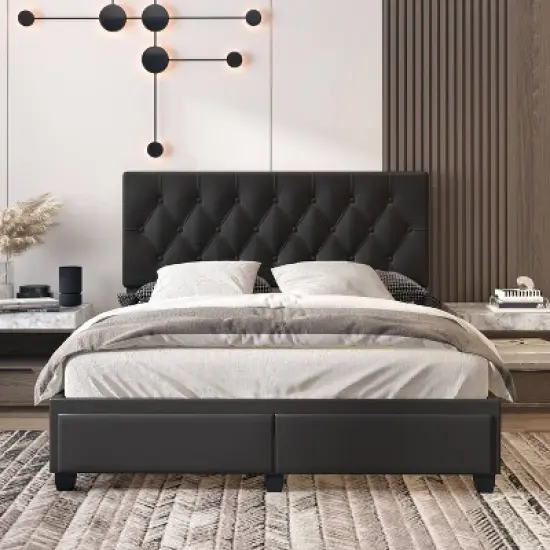 Full Veronica Tufted Faux Leather Upholstered Platform Bed with Storage Drawers Black - Eco Dream image {6}
