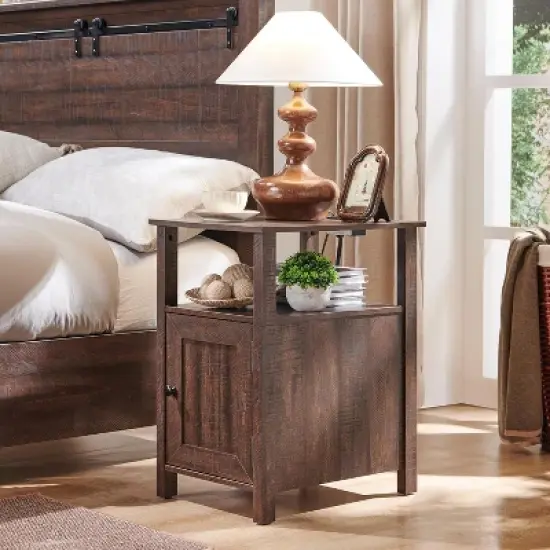 SinCiDo Farmhouse Set of 2 Nightstands w/Charging Station, Wood End Table with Barn Door & Open Shelves for Bedroom, Living Room image {4}
