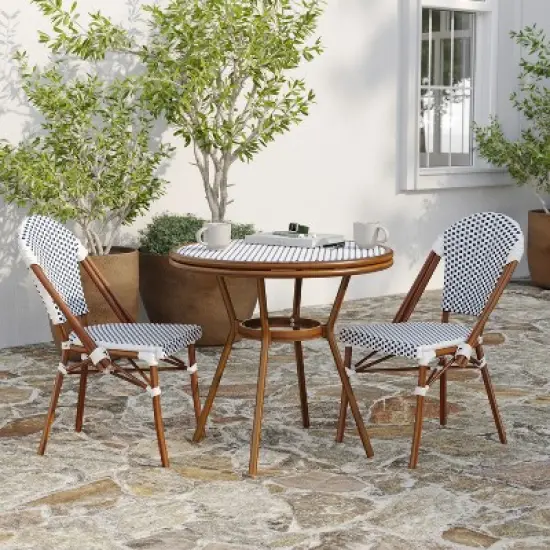 Merrick Lane Mael Bistro Style Table with Glass Top, Textilene, 2 Stack Chairs, and Bamboo Finished Metal Frame for Indoor/Outdoor Use image {2}