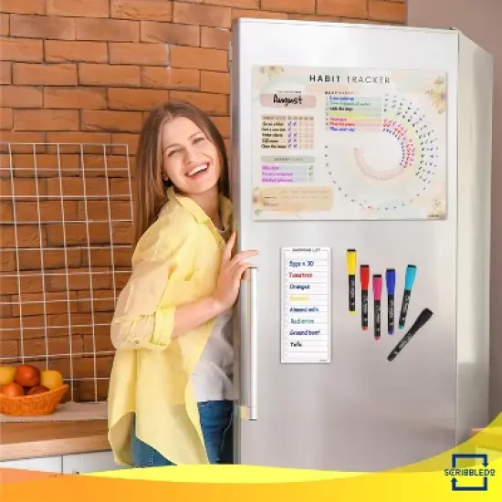 SCRIBBLEDO Magnetic Habit Tracker Calendar 13"x17" Fridge Dry Erase Board with 6 Markers image {4}