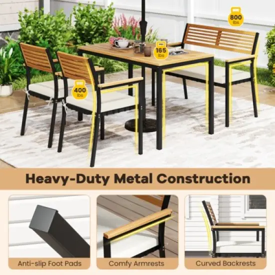 Tangkula Set Of 4 Patio Furniture Set Outdoor Dining Chair Set for 4 w/Acacia Wood & Metal Frame Umbrella Hole 1 Table 2 Armchairs 1 Bench image {6}