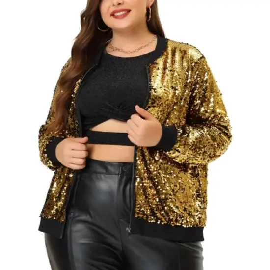 Agnes Orinda Women's Plus Size Party Metallic Sequin Sparkle Zip Bomber Jackets image {5}