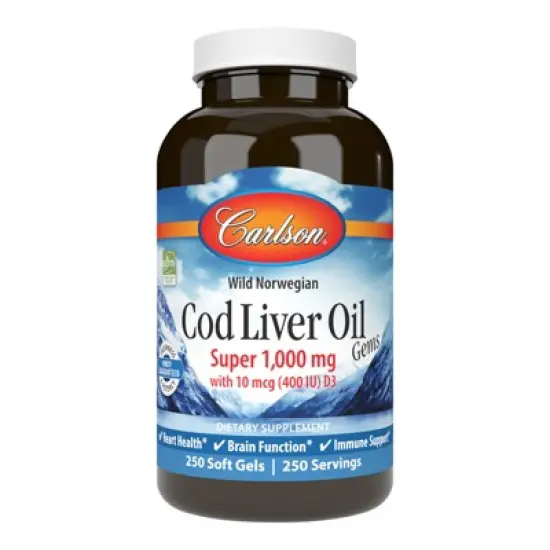 Carlson - Cod Liver Oil Gems, Super 1000 mg, 250 mg Omega-3s + A & D3, Norwegian, Wild Caught image {6}