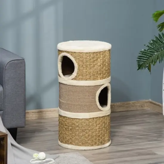 PawHut 28 Inch Cat Condo, 3 Story Cat Hideaway with Sisal Scratching Pad, Barrel Shaped Small Cat Tree for Indoor Cats, Khaki and Brown image {1}