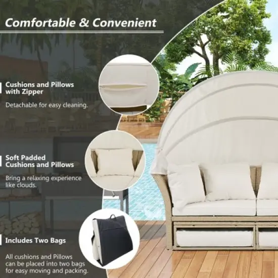 57" Outdoor Patio PE Rattan Round Daybed Sunbed with Retractable Canopy and 4 Pillows image {4}