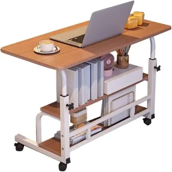GustoWave  Portable Rolling Desk With Wheels, Adjustable Height Mobile Computer Desk With Storage Shelf For Home Office Study image {8}