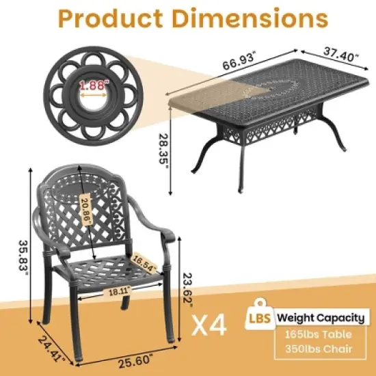 7-Piece Cast Aluminum Outdoor Dining Set with Red Cushions, Rectangle Table & Stackable Chairs - for Patio, Backyard image {3}