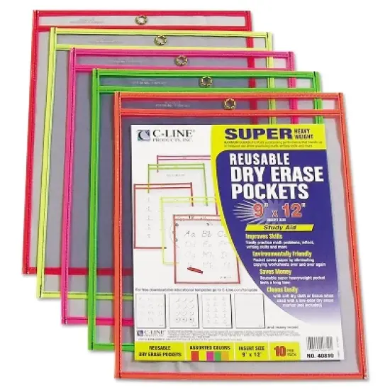 C-Line Reusable Dry Erase Pockets 9 x 12 Assorted Neon Colors 10/Pack 40810 image {1}