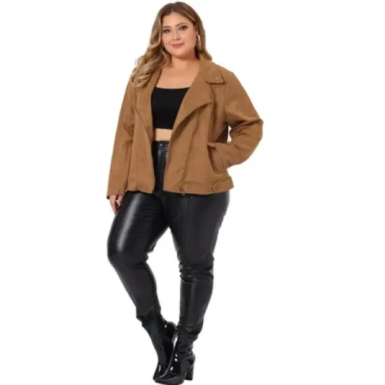 Agnes Orinda Women's Plus Size Faux Suede Lapel Collar Long Sleeve Zipper Moto Jacket image {2}