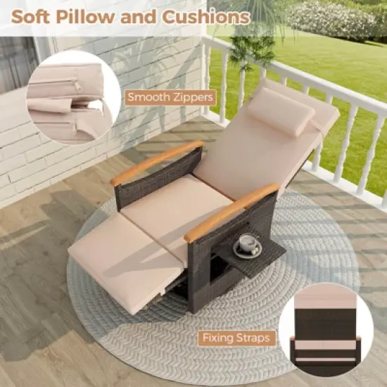 Costway Outdoor 360&deg; Swivel Rattan Recliner Chair Patio Wicker Chaise Lounge Chair Beige/Navy image {5}