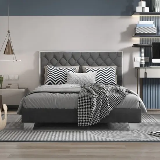 Costway  Upholstered Bed Mattress Foundation with Button Tufted Velvet Headboard image {3}