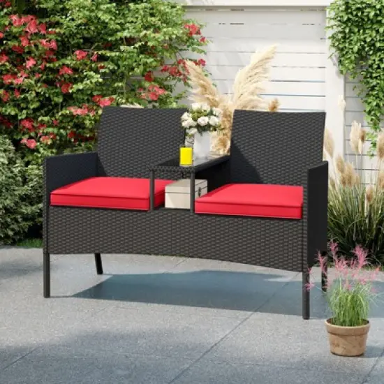 Tangkula Outdoor Rattan Loveseat 2-Seat Patio Conversation Set with Built-in Coffee Table Cushions Wicker Bench Furniture image {3}