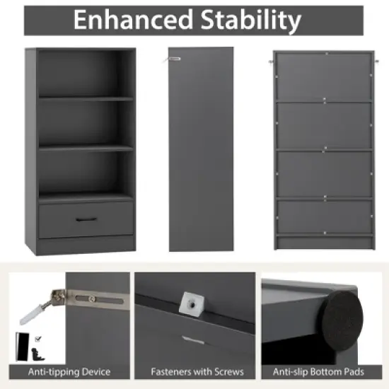 Costway 4-Tier Bookcase 48'' Display Bookshelf Storage Organizer with Shelves & Drawer Grey/White/Natural image {6}