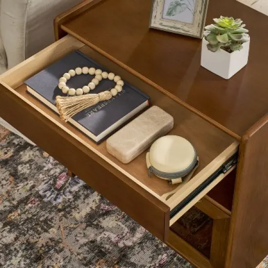 Kumasinova Wood Nightstand with Charging Station,Mid-Century Night Stand with Drawers&Open Shelf,Bedside Table with USB Ports,Bedroom Furniture image {2}