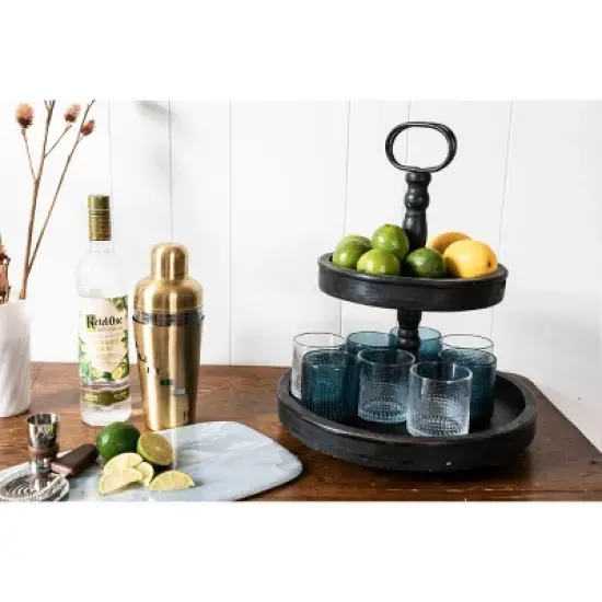 2 Tier 15" x 18.5" Distressed Wood Tray with Metal Handle Black - Storied Home image {5}