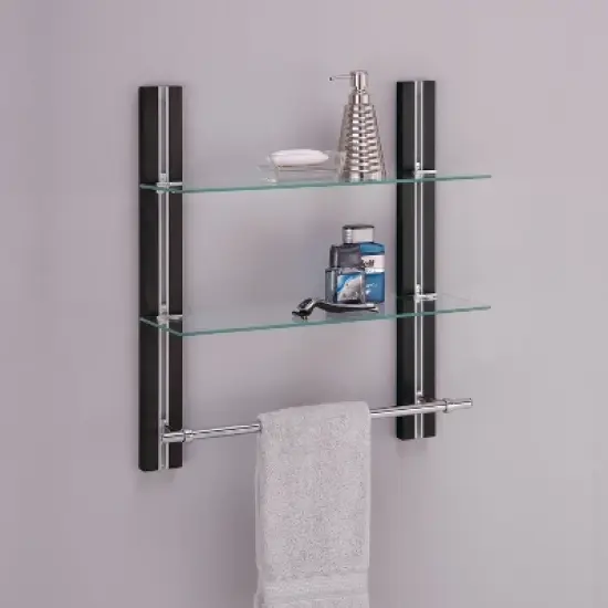 Two Tier Deluxe Wood Glass Shelf with Towel Bar Brown - Organize It All image {1}