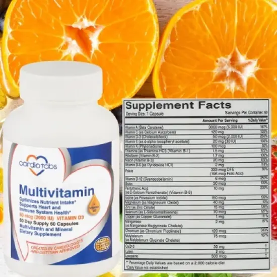 Cardiotabs Multivitamin - Packed with Methylated B Vitamin Complex & Vitamins A, C, E, K + 2000 IU Vitamin D3 - 60 Capsules per Bottle, 60 Day Supply image {1}