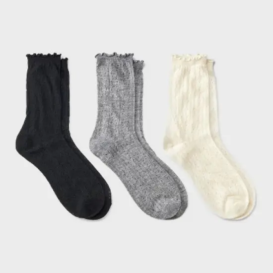 Women's Lettuce Edge Pointelle 3pk Crew Socks - A New Day&trade; Ivory/Gray/Black 4-10 image {3}