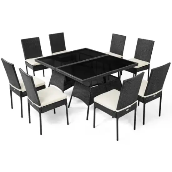 Tangkula 10PCS Rattan Dining Set Cushioned Chair Table w/ Glass Top Furniture Patio image {6}