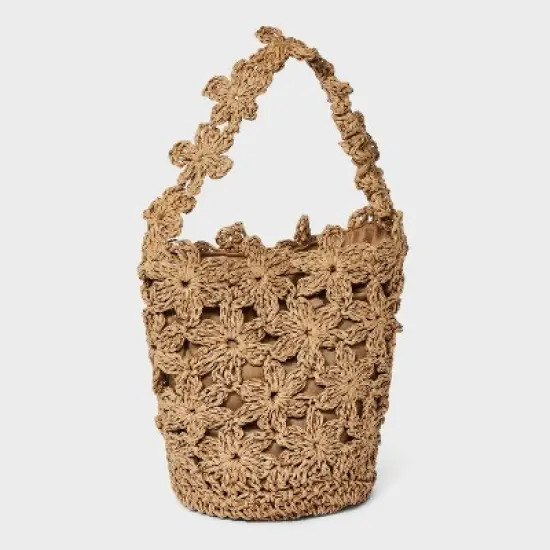 Straw Mini Floral Bucket Bag - A New Day&trade; Beige: Woven Paper Straw, Magnetic Closure, Structured Design image {2}