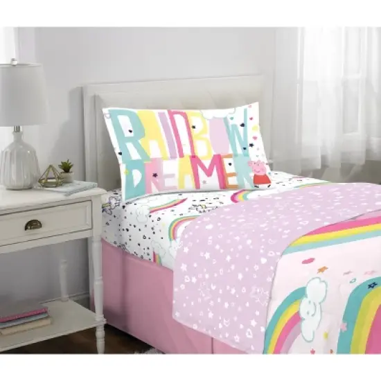 Twin Peppa Pig Rainbow Dreamer Reversible Kids' Bedding Bundle: Comforter Set with Pillow Case & Sheets, Multicolor image {4}
