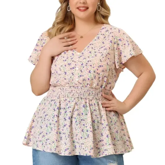 Agnes Orinda Women's Plus Size Peplum Top Flare Sleeve Casual V Neck Smocked Waist Floral Blouses image {6}