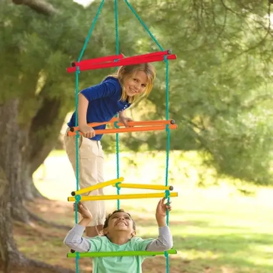 HearthSong Rainbow Triangle Weather-Resistant Kids' Rope Climbing Ladder with Colorful Metal Rungs and Nylon Rope image {7}