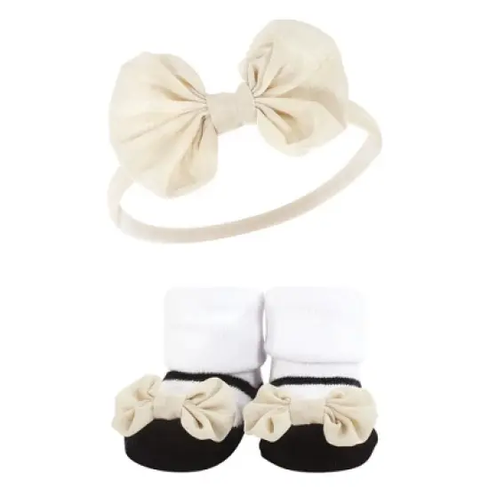 Hudson Baby Infant Girl Headband and Socks Giftset, Black Stripe Neutrals, One Size image {4}