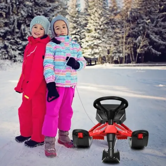 Costway Kids Snow Racer Sled Steering Wheel Double Brakes Pull Rope Red image {2}