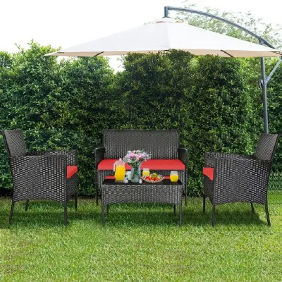 Costway 4PCS Patio Rattan Furniture Set Cushioned Sofa Coffee Table Backyard Turquoise\Red image {1}