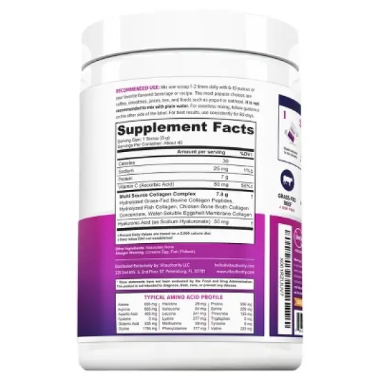 Multi Collagen Protein Plus Powder, Collagen Capsule Hair, Skin and Nails with Hyaluronic Acid and Vitamin C, Unflavored, Vitauthority, 40 Servings image {1}