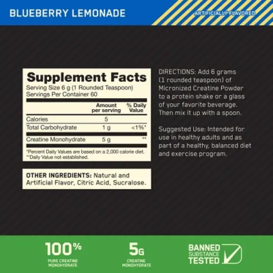 Optimum Nutrition Creatine Monohydrate Powder - Blueberry Lemonade - 60 Servings - 413 Grams image {2}