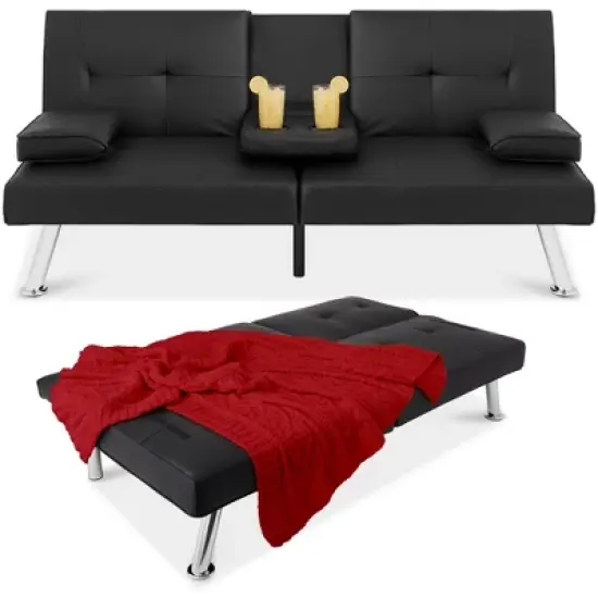 Best Choice Products Modern Faux Leather Convertible Futon Sofa w/ Removable Armrests, Metal Legs, 2 Cupholders image {7}