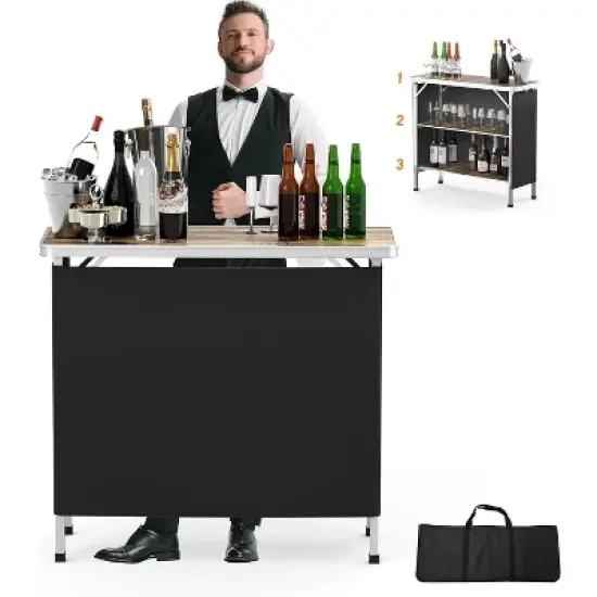 VINGLI Portable Bar Table, 3-Tier Shelves, Mobile Bar Table for Events, Party, Camping, Picnic, Tradeshow, Indoor with Black Skirt image {6}