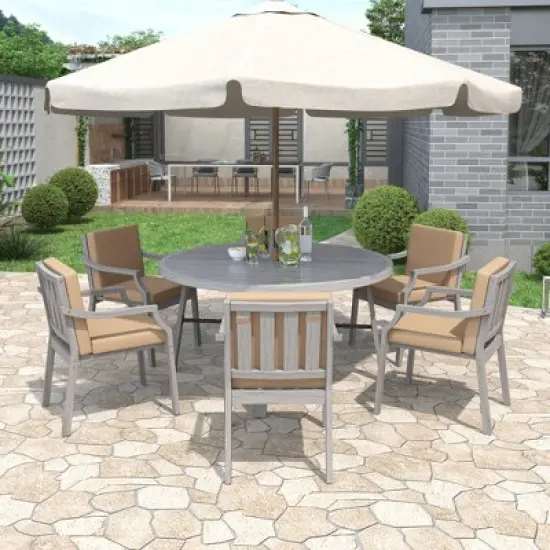 FIONECA 6-Person Outdoor Wooden Dining Set with Umbrella Hole & Removable Cushions, Antique Gray Patio Furniture for Backyard & Garden image {15}