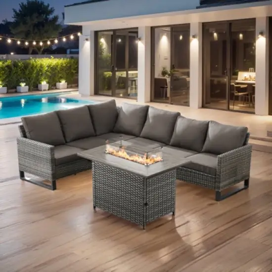 Buenhomino 4 Pieces Outdoor Patio Furniture Set with 41&rdquo; Fire Pit Table, Rattan Patio Sectional Sofa Conversation Set with 50000BTU Propane Fire Pit image {17}