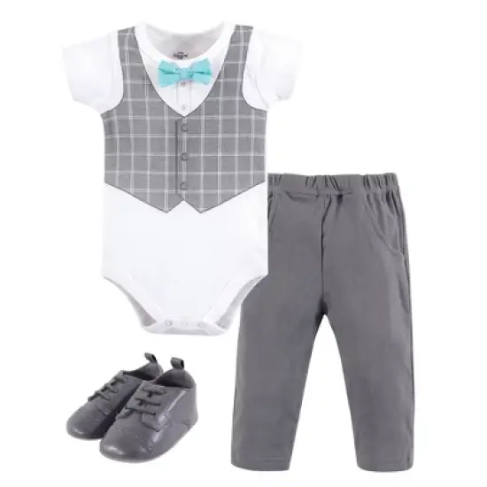 Little Treasure Baby Boy Cotton Bodysuit, Pant and Shoe 3pc Set, Mint Bow Tie image {1}