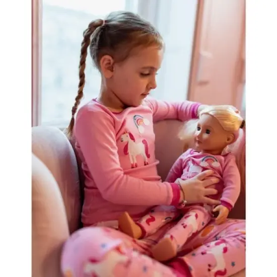 Leveret Girl and Doll Matching Cotton Unicorn Pajamas image {2}