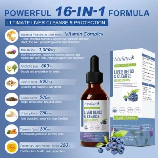 Mulittea 16 in 1 Liver Detox Cleanse,Repair & Support Liquid Drops, 60ml (2 Fl.oz) - Blueberry Flavor image {2}