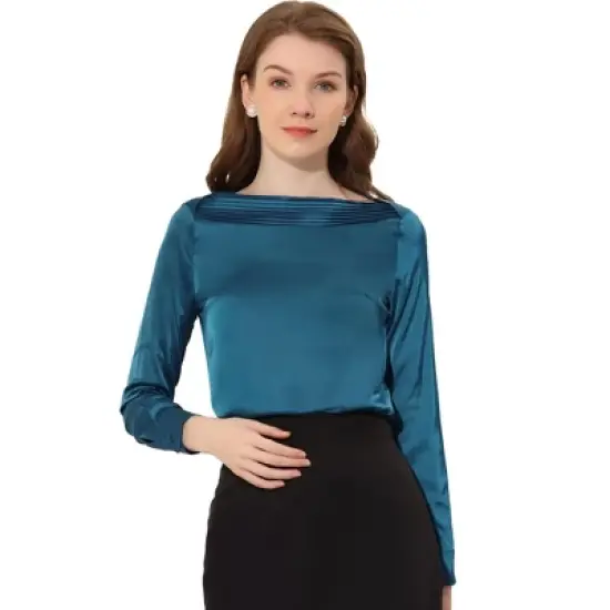 Allegra K Women's Elegant Satin Long Sleeve Vintage Boat Neck Work Blouses image {6}