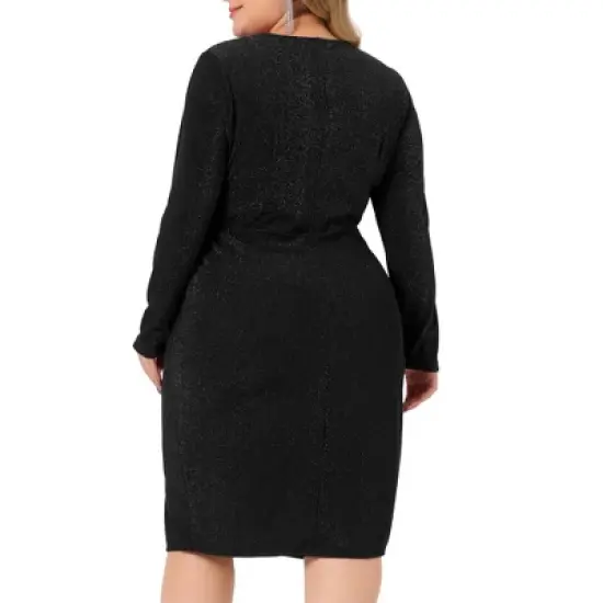 Agnes Orinda Women's Plus Size Long Sleeve V Neck Zipper Split Hem Sequin Ruched Pencil Bodycon Dress image {3}