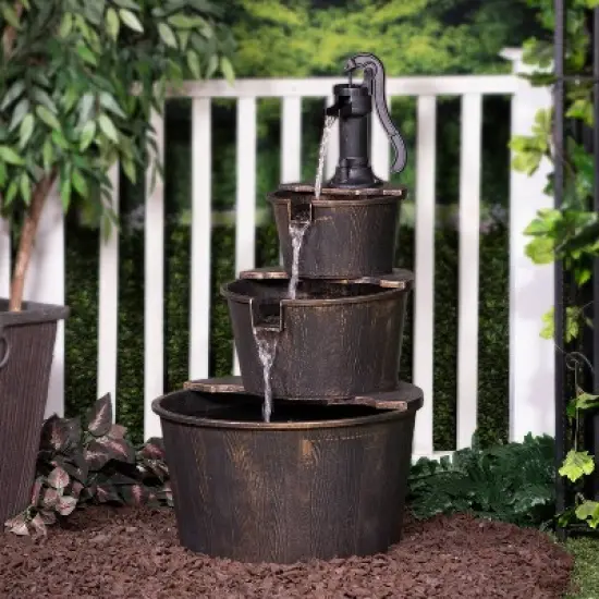40" Three Tier Pump and Barrels Fountain Brown - Alpine Corporation image {1}