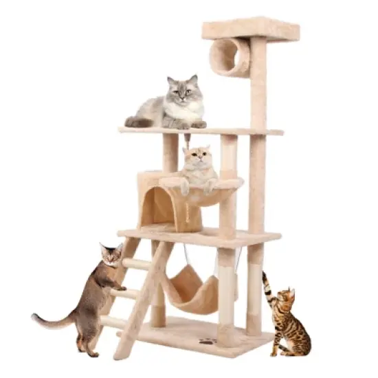 Kumasinova 55" Cat Tree with 2 Hammocks,Cat Tower with Scratching Post,Multi-Level Cat Climbing Tower with Staircase,Cat Trees with Cat House,Cream image {4}