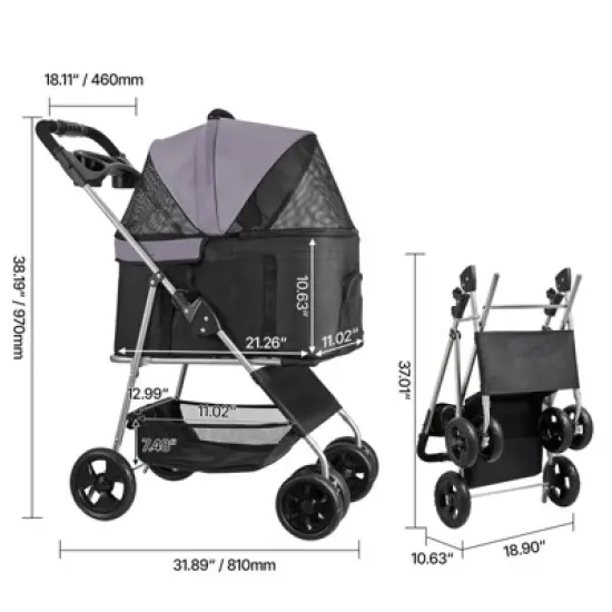 VEVOR Pet Stroller, 35 lbs Weight Capacity, Foldable Dog Stroller Cart, 4 Wheels Cats Pram with Detachable Carrier & Mesh Windows, Black image {7}