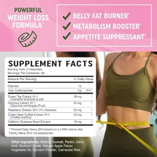 Pectin-Based Fat Burner Gummies for Women, Green Tea Green Coffee Bean, Garcinia Cambogia & Ketones for Weight loss, Apple Flavor, MAV Nutrition, 60ct image {2}