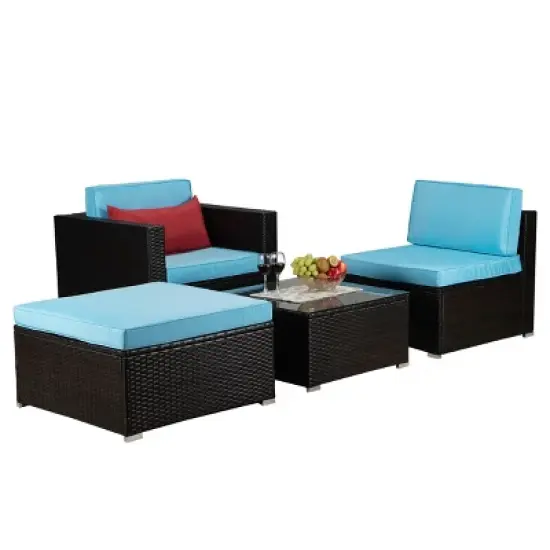4pc Outdoor Wicker Conversation Set with Cushions - Blue/Brown - GODEER image {2}