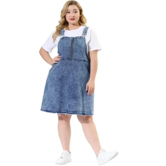 Agnes Orinda Women's Plus Size Denim Overall Zipper Frayed Adjustable Strap Suspender Dresses image {3}
