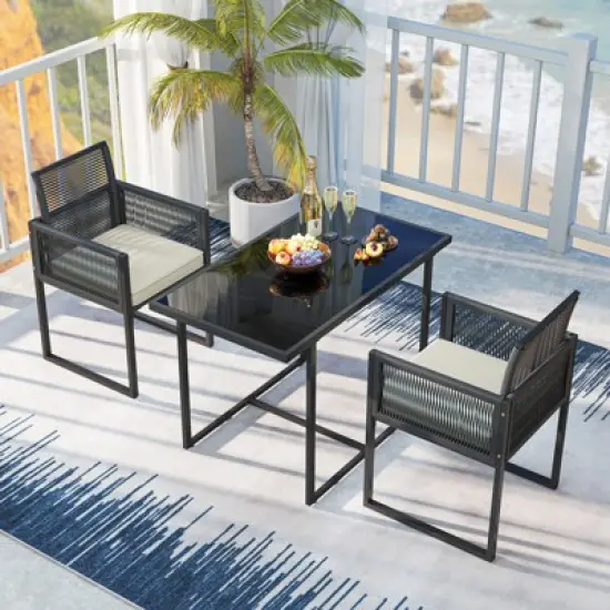 Tangkula 3 Pieces Patio Dining Set Outdoor Space-Saving PE Wicker Bistro Set with Cushions Patio Tempered Glass Top Table and Chairs Set image {2}