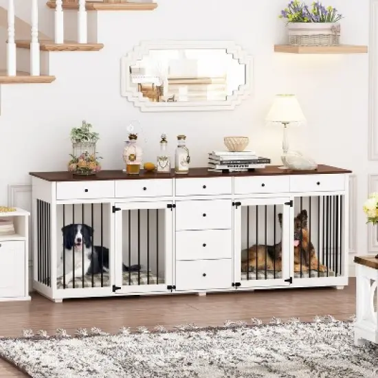 Famapy Large Dog Crate Furniture with Drawers Multifunctional Furniture Style Pet Crate White image {4}