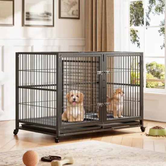 Dog Crate for Large Dogs, Chew-Resistant Dog Kennel with Double Door & Lockable Wheels image {4}